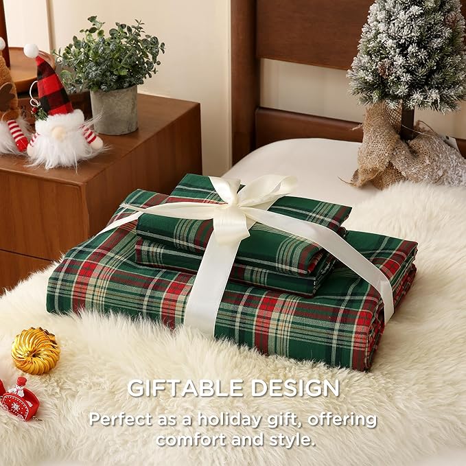 TOCOMOA Christmas Plaid Duvet Cover Set 100% Washed Cotton Like Linen Feel Super Soft Comfy 3 Piece Green Red Gingham Checkered Bedding Comforter Cover Set (Queen 90"x90", Comforter Not Included)