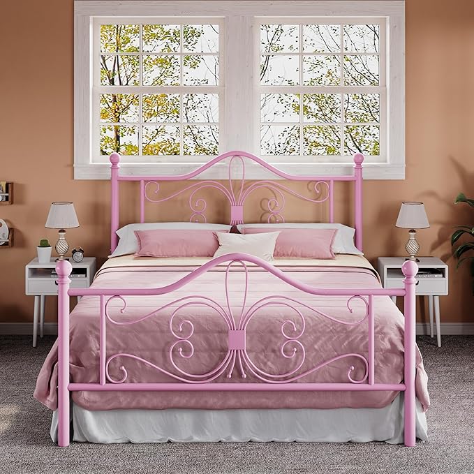 Allewie Queen Size Bed Frame with Headboard,Metal Bed Frame with Butterfly Pattern Design Headboard & Footboard,No Box Spring Needed,Easy Assembly,Pink