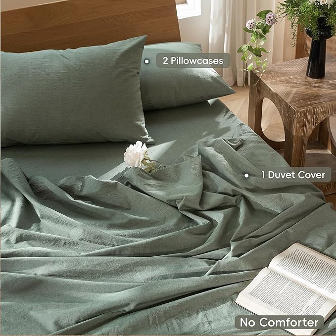 MooMee Bedding Duvet Cover Set 100% Washed Cotton Linen Like Textured Breathable Durable Soft Comfy (Heathered Green, Full 80"x90")