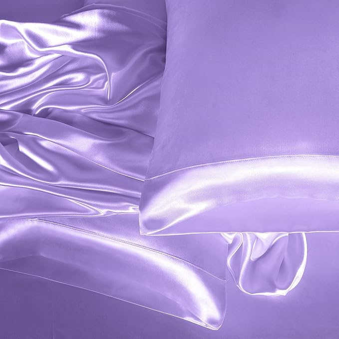 Homiest 3pcs Satin Sheets Set Luxury Silky Satin Bedding Set with Deep Pocket, 1 Fitted Sheet + 1 Flat Sheet + 1 Pillowcase (Twin Size, Lavender)