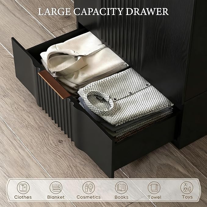 Brafab 67" Fluted Armoire Wardrobe Closet with Drawers and Doors, Wooden Wardrobe Cabinet with Adjustable Shelves, Modern Storage for Clothes, Dream Wardrobe Wall for Bedroom, Black(3 pcs)