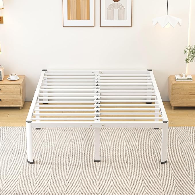 Superay 18 Inch Full Size Metal Bed Frame with Round Corners, Storage Space Under High Bed Frame-Heavy Duty Steel Slats Support, Noise Free - Easy Assembly - No Box Spring Needed,White