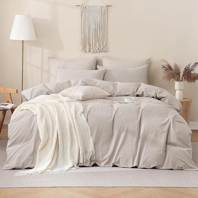 TOCOMOA Mini Gingham Tan Duvet Cover Bedding Set 100% Washed Cotton Like Linen Feel Super Soft Comfy 2 Piece Brown Small Plaid Checkered Fall Comforter Cover Set (Twin 68"x90", Comforter Not Included)