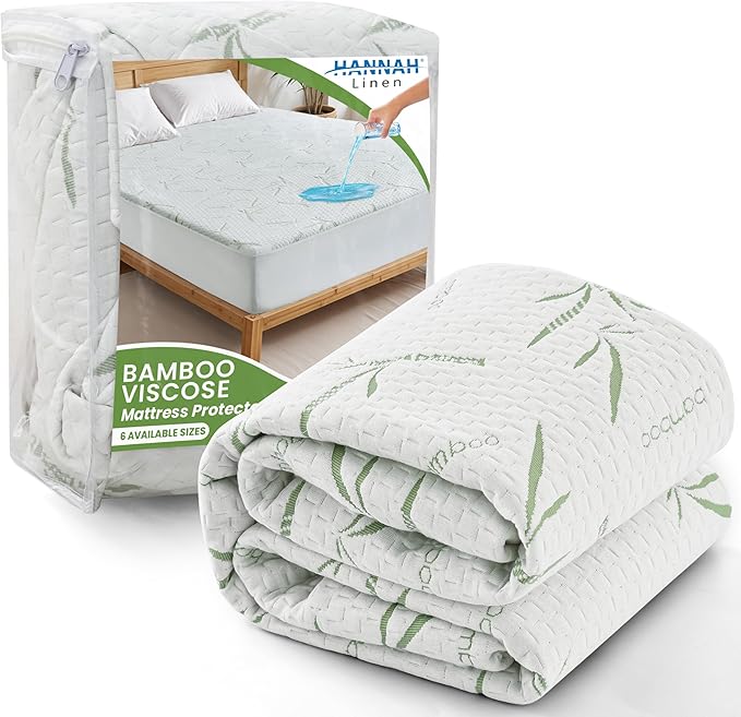 Hannah Linen 100% Waterproof Mattress Protector - Up to 16 Inches Fitted Deep Pocket Mattress Cover - Comfortable & Breathable Cooling Protector - Twin XL Mattress Cover