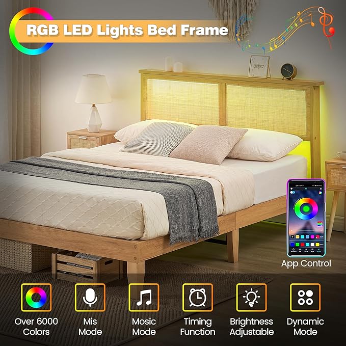 IDEALHOUSE Rattan Bed Frame Twin Size with Natural Rattan Headboard & LED Lights, Wood Twin Bed Frame with Solid Wood Foundation, No Box Spring Needed, Natural