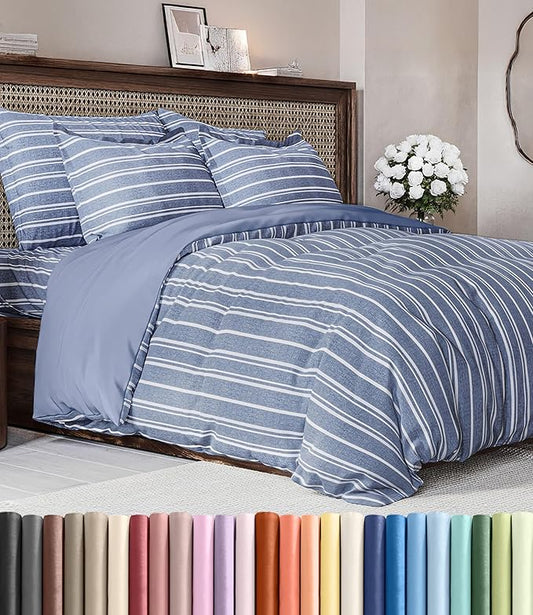 Duvet Cover Full Size Set - Extra Soft Full Duvet Cover 80" x 90" with 2 Pillow Shams - Hotel Luxury, Easy Care & Fade Free with Zipper Closures & Ties - All Season, Comfy & Breathable (Blue Stripes)