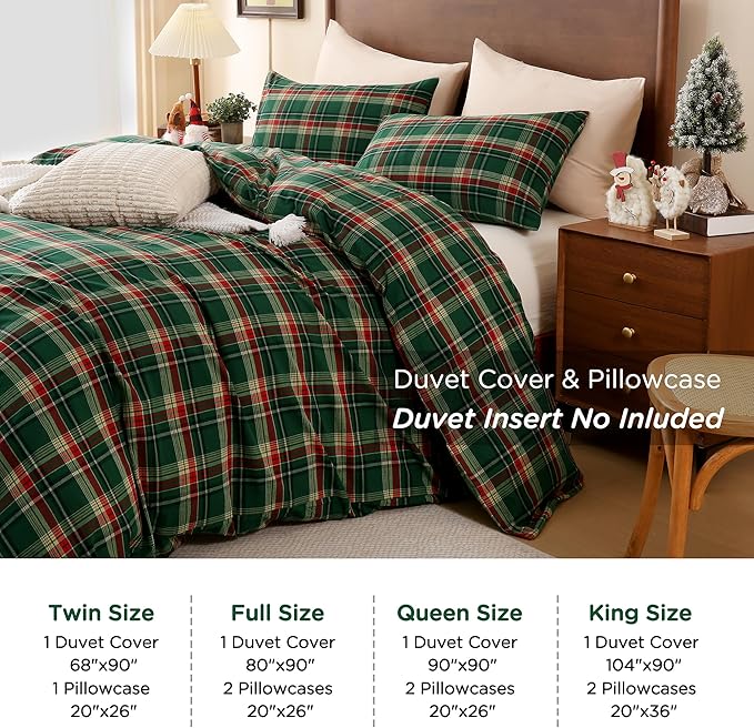TOCOMOA Christmas Plaid Duvet Cover Set 100% Washed Cotton Like Linen Feel Super Soft Comfy 3 Piece Green Red Gingham Checkered Bedding Comforter Cover Set (Twin 68"x90", Comforter Not Included)