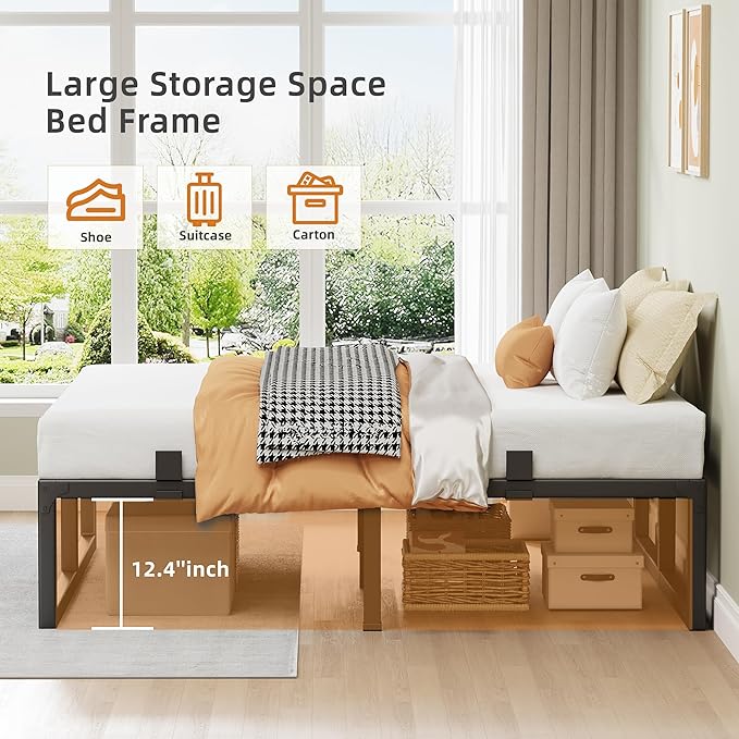 Queen Bed Frame, 14 Inch Metal Platform Bed Frames with Squeak Free U-Slot Design, 6 Non-Slip Guards, 3500lbs Heavy Duty Steel Slat Support, No Box Spring Needed, Under Bed Storage, Black