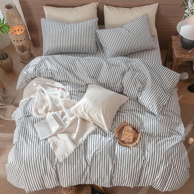 MooMee Striped Duvet Cover Set 100% Washed Cotton Linen Like Textured Breathable Durable Soft Comfy (Dark Grey White Classic Stripes, Oversized Queen 98"x98")