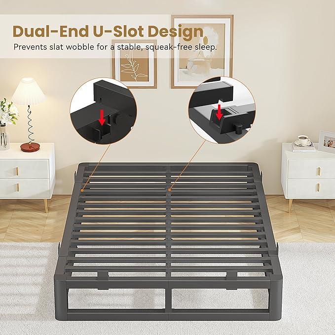 10 Inch California King Bed Frames with Rounded Corner and Squeak Free U-Slot Design, Metal Platform Bed Frames 6 Non-Slip Guards, 3500lbs Heavy Duty Steel Slat Support, No Box Spring Needed