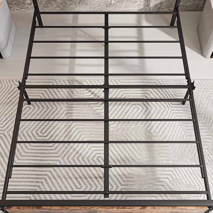 HOJINLINERO Queen Bed Frame with Headboard,Metal Platform Bed Frame Queen Size with Storage No Box Spring Needed,Heavy Duty Steel Slats,Bedframe Mattress Foundation,Black & Rustic Brown