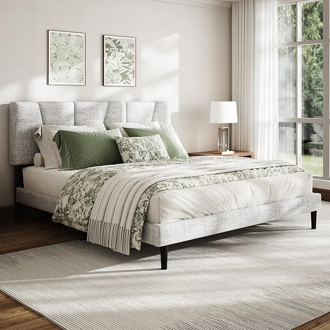 Full Size Bed Frame with Linen Upholstered Platform Bed Frame, Wooden Slats Support, Noise-Free Mattress Foundation, No Box Spring Needed, Easy Assembly, Light Grey