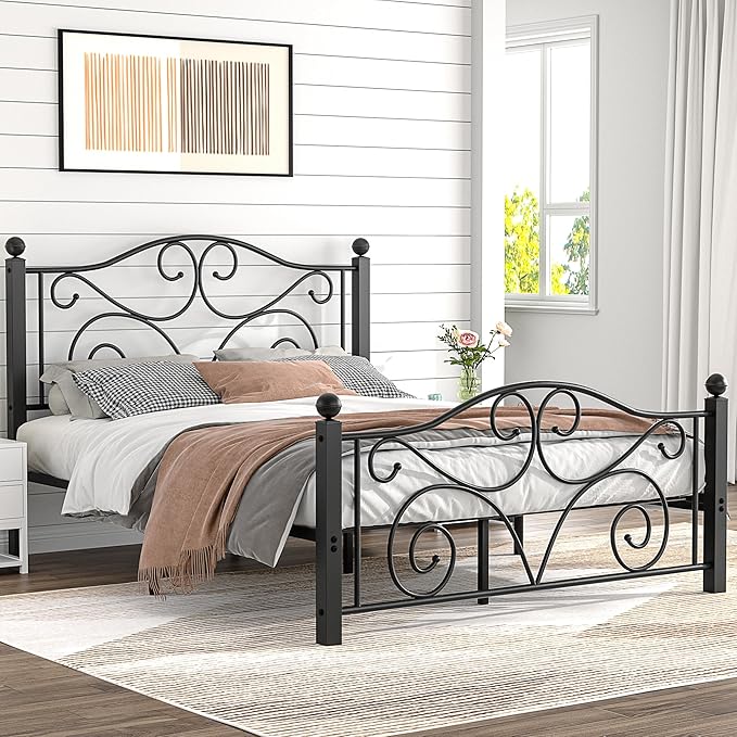 VECELO Full Size Bed Frame with Headboard and Footboard, Heavy Duty Metal Slat Support, Platform Mattress Foundation, No Box Spring Needed, Easy Assembly, Dark Black
