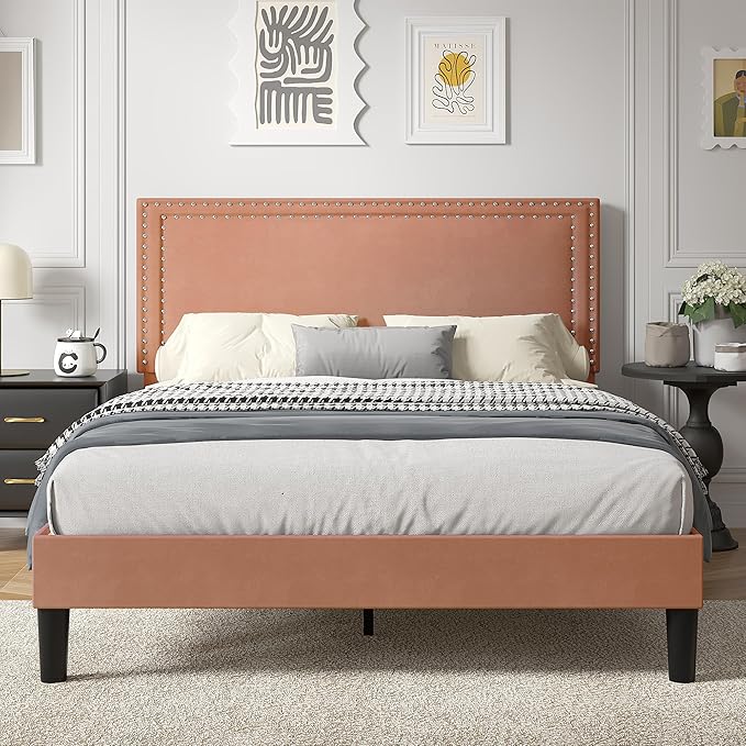 VECELO Queen Size Platform Bed Frame with Height Adjustable Upholstered Headboard, Modern Mattress Foundation,Strong Wood Slat Support, No Box Spring Needed, Easy Assembly,Brown