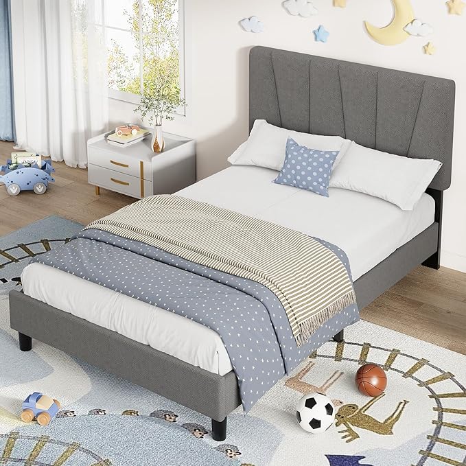 Twin Size Platform Bed Frame for Kids, Linen Upholstered Headboard & Wooden Slats Support, Noise-Free Mattress Foundation/No Box Spring Needed/Easy Assembly, Boys Girls Bed,Bedroom Furniture