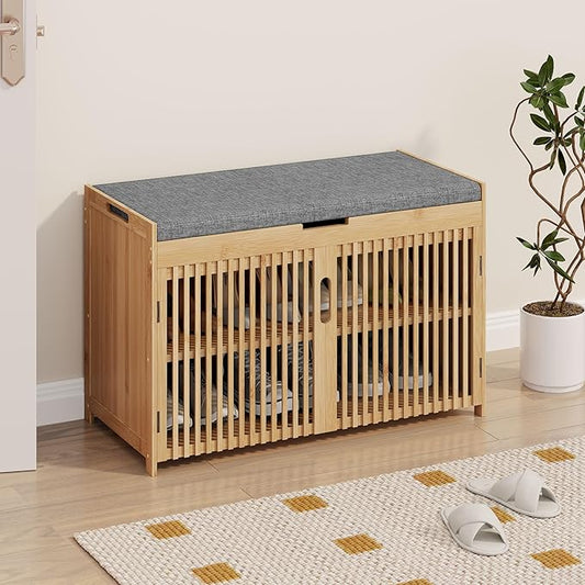 WISUCART Shoe Storage Bench with Cushion Seat, Bamboo Entryway Shoe Rack Bench, 2-Tier Shoe Organizer for Entryway, Bedroom, Hallway, Living Room, Holds Up to 330 lbs, Nature