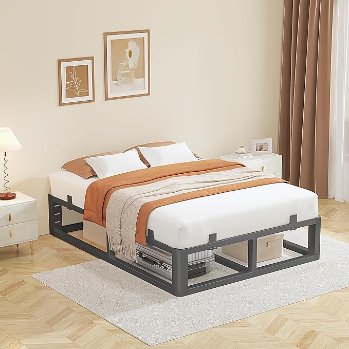 14 Inch King Size Bed Frame with Rounded Corner and Headboard Hole, Metal Platform Bed Frames 6 Non-Slip Guards, 3500lbs Heavy Duty Steel Slat Support, Squeak Free, No Box Spring Needed, Black
