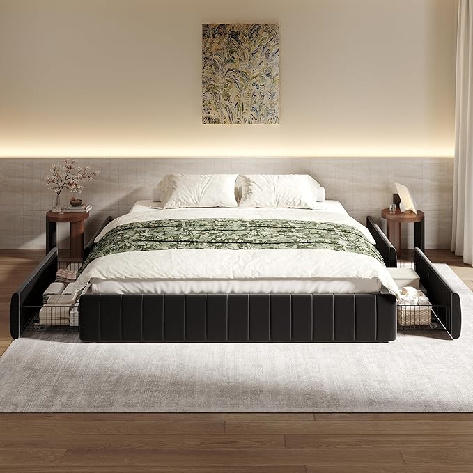 SHA CERLIN King Size Velvet Upholstered Platform Bed Frame with 4 Storage Drawers, Vertical Channel Tufted, Low Profile, Fits Standard Headboards, Wooden Slats Support, Easy Assembly, Black