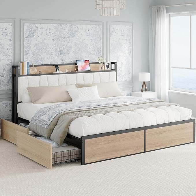 LIKIMIO King Bed Frame with 4 Storage Drawers, Platform Bed with Charged Headboard, Sturdy and Stable, No Noise, No Box Spring Needed, Easy Install, Wood and Cream