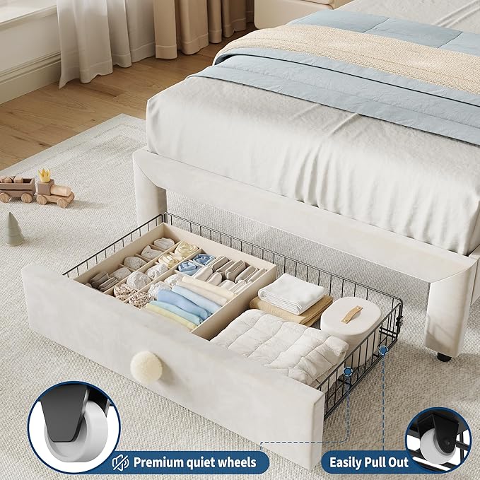 GarveeHome Upholstered Twin Bed Frame with Storage Drawer & Scallop Headboard, Princess Twin Size Platform Bed Frames for Kids Girls, Wooden Slats Support, No Box Spring Needed, Beige