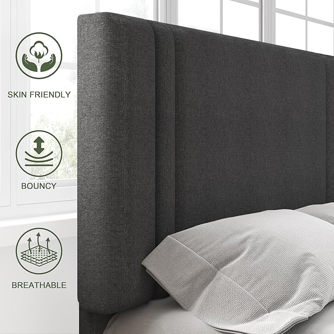 Feonase Twin Platform Bed Frame, Fabric Upholstered Twin Bed Frame, Solid Wood Slats & Heavy Duty Feet Support, No Box Spring Needed, Noise-Free, Easy Assembly, Dark Grey