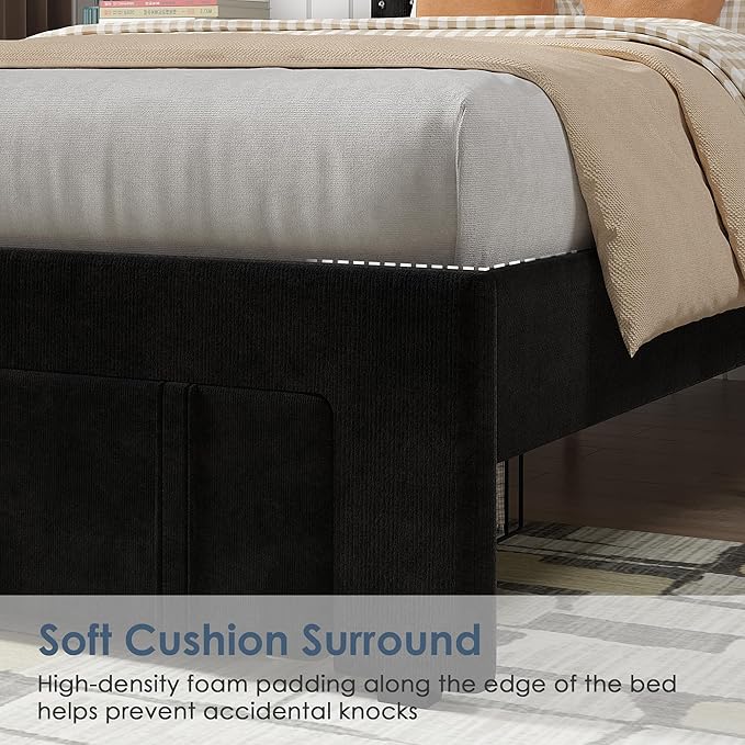 VECELO Twin Size Upholstered Bed Frame with Storage Drawer, Adjustable Velvet Rivet Decor Headboard, Wooden Slats Platform Support, No Box Spring Needed, Easy Assembly,Black