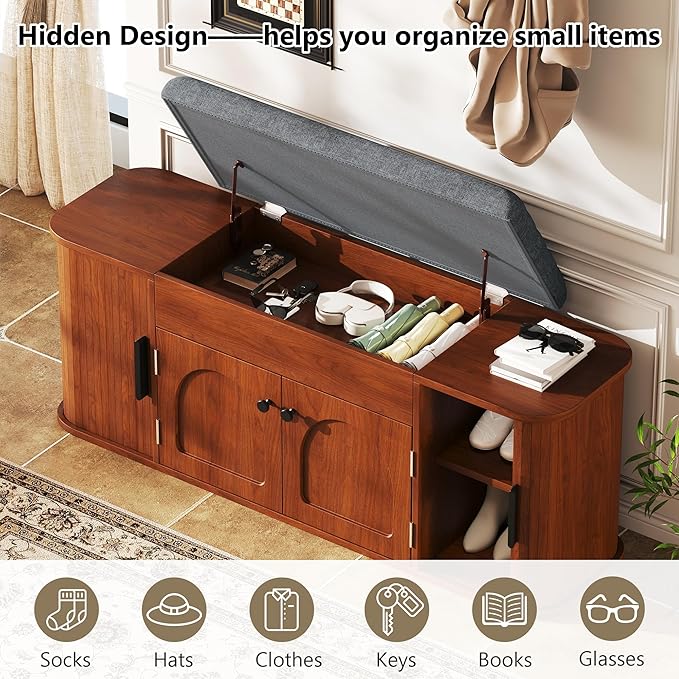 Einhomn 47.2'' Sliding Door Entryway Shoe Storage Bench with Seat Cushion, Shoe Rack with Lift-Top Hidden Storage & Adjustable Shelf, Bench for Bedroom End of Bed, Walnut