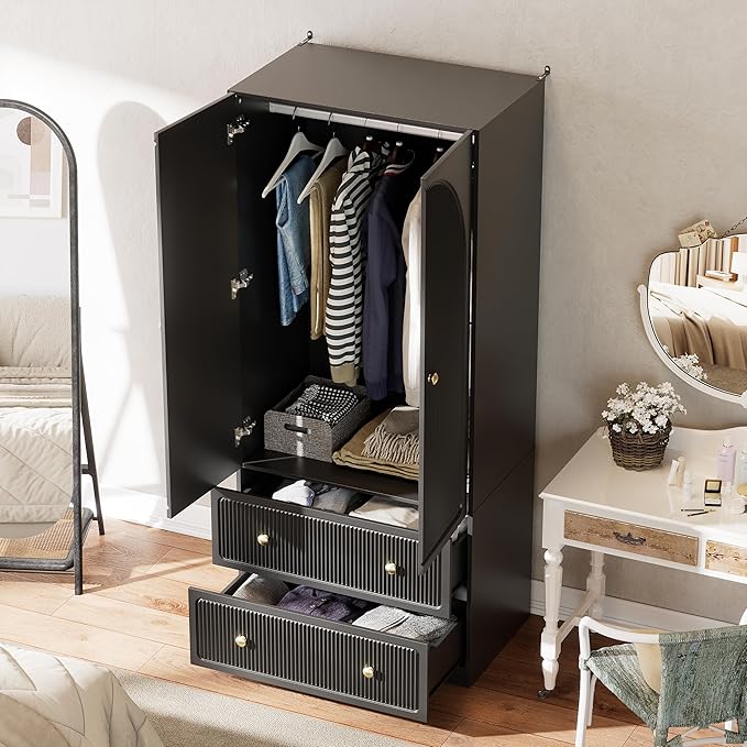 PAKASEPT Armoire Wardrobe Closet with 2 Drawers & Hanging Rod, Freestanding Wooden Wardrobe Cabinet with 2 Striped Doors for Bedroom, Living Room