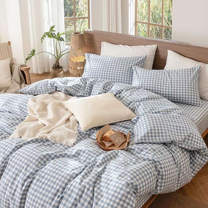 MooMee Gingham Duvet Cover Set 100% Washed Cotton Linen Like Textured Breathable Durable Soft Comfy Modern Checkered Design (Classic Gingham Cornflower Blue, Queen 90"x90")