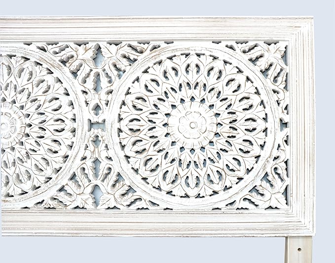 COTTON CRAFT Solid Wood Sturdy Queen Headboard - Compatible with All Bed Frames - Intricate Hand Carved Medallion Motif - Bohemian Transitional - Beautiful for Any Bedroom - Rustic Whitewash