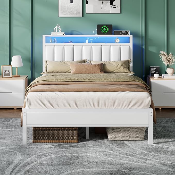 Furnulem White Full Size Bed Frame with Charging Station & Led Lights, PU Leather Upholstered Headboard with 2-Tier Storage Shelves, No Box Spring Needed, Metal Slat Support, Solid and Stable