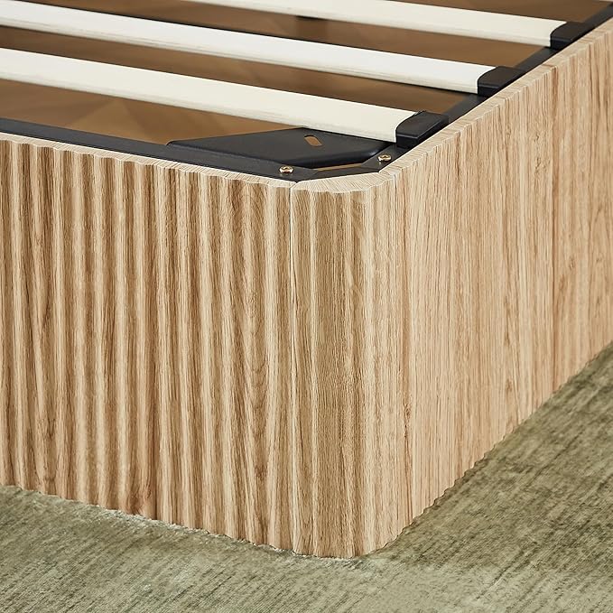 Bellemave Queen Lift Up Storage Bed, Oak Wood Lift Up Bedframe,Wooden Corrugated Curved Lines, Hydraulic Storage,Oak