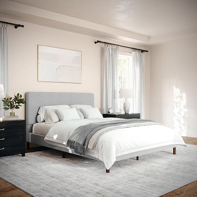 Martha Stewart Britta Platform Bed with Headboard & Footboard, Faux Linen Upholstery with Piping Detail, Rounded Headboard, No Box Spring Needed, Queen, Gray