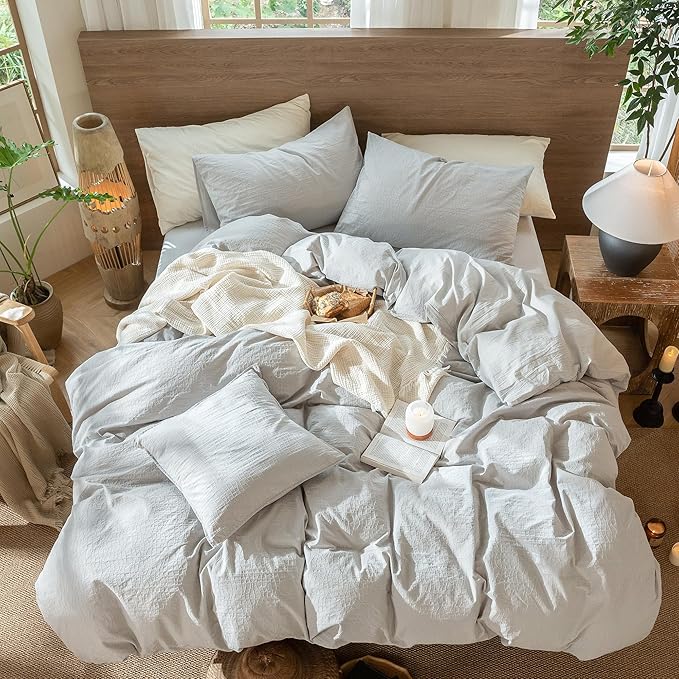 MooMee Wavy Striped Duvet Cover Set 100% Washed Cotton Linen Like Textured Breathable Durable Soft Comfy (Light Grey, Cal King 104"x98")