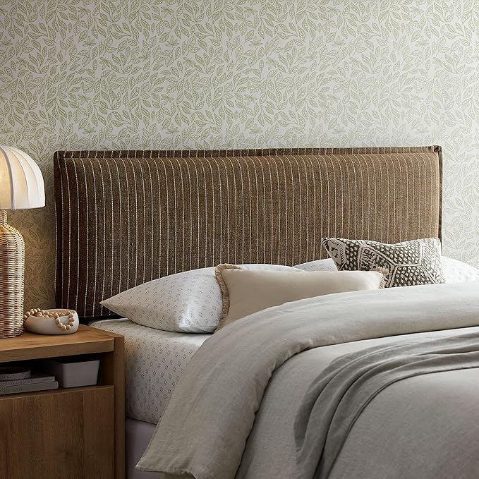 Modway Camille King Size Striped Linen Blend Pinstripe Headboard with Removable Slipcover – in Earth Stripe - Padded Pillow Style Headboard with Adjustable Mounting for King Beds