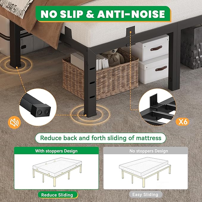 14 Inch King Size Bed Frames, Heavy Duty Metal King Platform 3500 lbs Capacity, No Box Spring Needed, 6 Mattress Slide Stopper, Headboard Holes, Noise-Free, Easy Assembly
