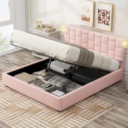 Lift Up Storage Queen Bed with Light, Upholstered Platform Bed with USB & C-Type Charging, Hydraulic Lifting Under Bed Storage and Height-Adjustable Headboard, Queen Size (Pink)