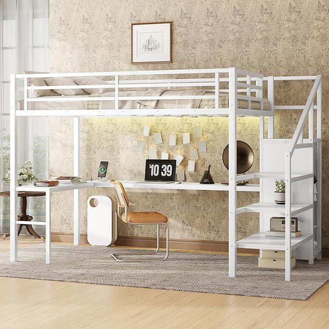 Full Size Loft Bed with Desk and Wardrobe, Metal Heavy Duty Loft Bed with Storage Stairs, LED Lights, USB Port, LoftBed Frames for Kids, Junior, Space Saving, Noise Free (White, Full)
