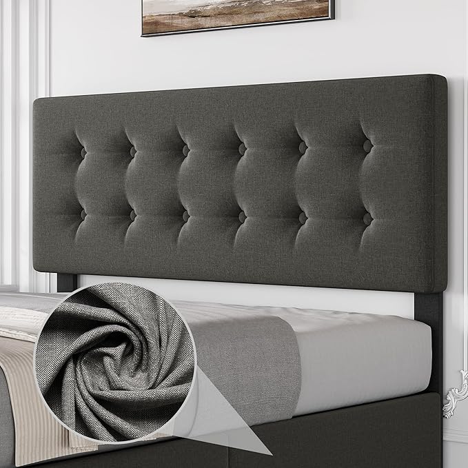 IDEALHOUSE Full Size Bed Frame with 4 Storage Drawers and Headboard, Linen Upholstered Platform Bed Frame with Wooden Slats Support, Button Tufted Design, No Box Spring Needed, Light Grey
