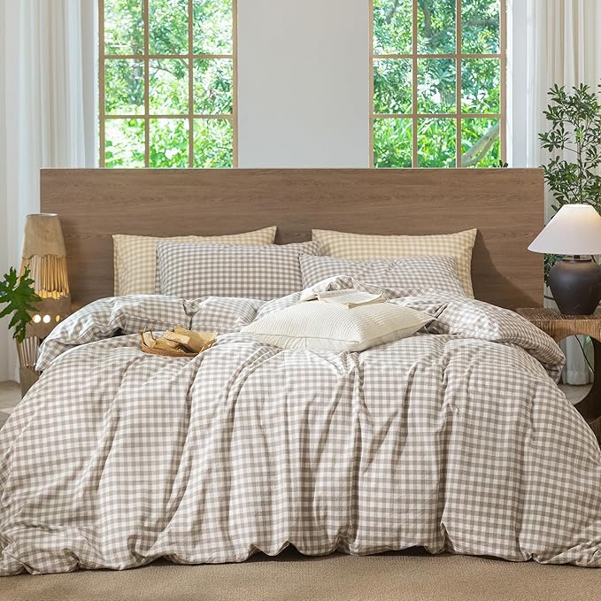 MooMee Gingham Duvet Cover Set 100% Washed Cotton Linen Like Textured Breathable Durable Soft Comfy Modern Checkered Design (Tannish Linen Grey Gingham, Oversized Queen 98"x98")
