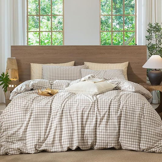 MooMee Gingham Duvet Cover Set 100% Washed Cotton Linen Like Textured Breathable Durable Soft Comfy Modern Checkered Design (Tannish Linen Grey Gingham, King 104"x90")
