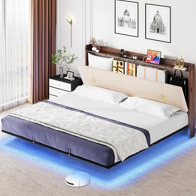 YITAHOME Queen Size Floating Bed Frame with Charging Station, Led Bed Frame with Hidden Storage Headboard, PU Upholstered Platform Bed, Heavy Duty Metal Slats, No Box Spring Needed, Light Grey