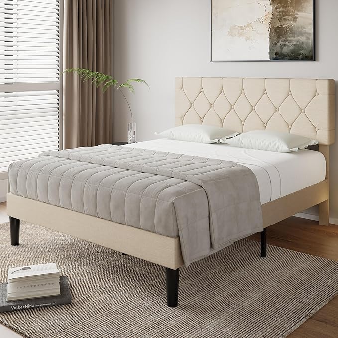 VECELO Queen Bed Frame with Button Tufted Headboard, Upholstered Platform with Wooden Slat Support, No Box Spring Needed, Dark Beige