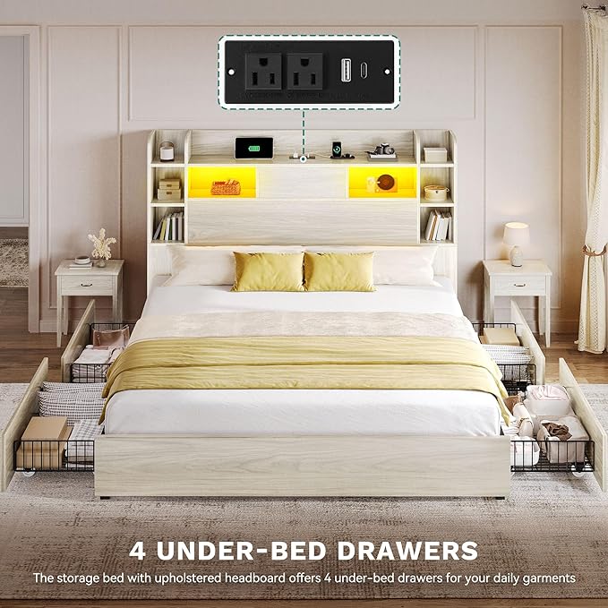 DWVO Queen Size Bed Frame with Bookcase Headboard and 4 Storage Drawers, RGB LED Bed Frame with Type-C & USB Charging Station Storage Headboard Bed, No Box Spring Needed, Noise Free, White Oak