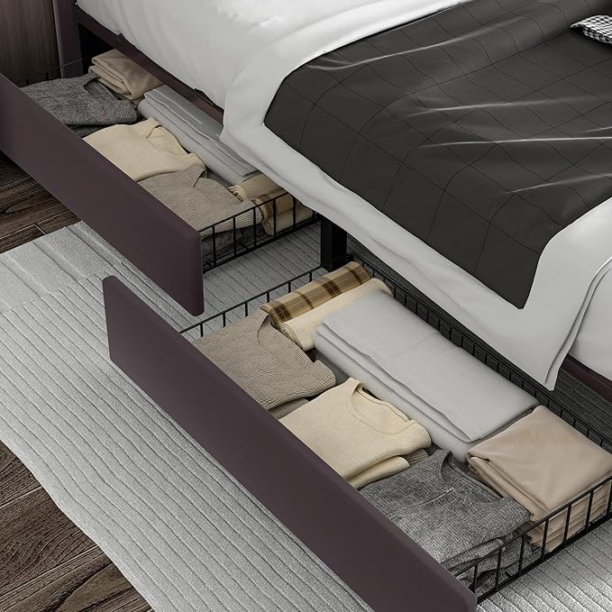 VECELO Full Upholstered Platform Bed Frame with 4 Storage Drawers,Velvet Vintage Full Bed with Nailhead Trim,Tufted Height Adjustable Headboard,Wooden Slats/No Box Spring Needed/Easy Assembly