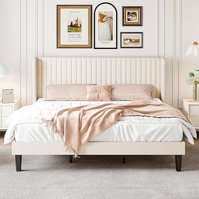 SHA CERLIN King Size Velvet Bed Frame with Vertical Channel Tufted Wingback Headboard, Upholstered Platform Bed with Wood Slats, No Box Spring Needed, Easy Assembly, Cream White