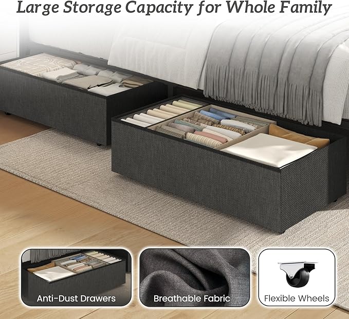 Fluest Queen Bed Frame with 4 Drawers, Upholstered Headboard with Storage, Fast Charging Station, LED Lights, Bed Frame Queen Size with Fabric Drawers, No Box Spring Needed, Easy Assembly, Grey