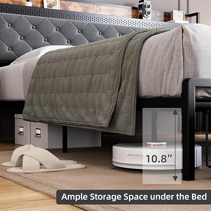 IDEALHOUSE King Size Bed Frame with Storage Headboard and 2 Drawers, Platform Metal King Bed Frame with LED Lights and Charging Station, Noise Free, No Box Spring Needed, Grey