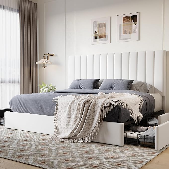 SHA CERLIN King Size Platform Bed Frame with 4 Storage Drawers, Vertical Channel Tufted Adjustable Headboard, Velvet Upholstered, Wooden Slats Support, No Box Spring Needed, Easy Assembly, White
