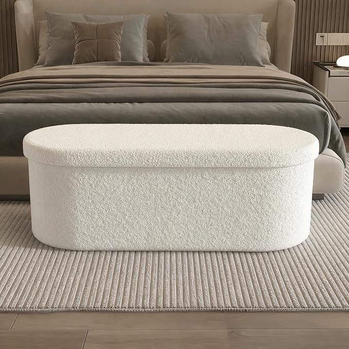 GLAXYFUR Oval Storage Ottoman Bench, Sherpa Foot Rest, 43 Inch Folding Chest for Living Room, Bedroom (Beige)